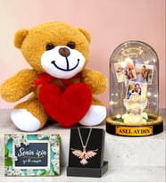 Kişiye Özel Premium Set Led Işıklı Fanus & Anka Kuşu Kolye & Kalpli Peluş Ayıcık (Model 2)