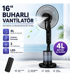 16 İnç Buharlı Vantilatör, 4L Su Hazneli Ayaklı Fan, Uzaktan Kumandalı, LED Ekranlı, 3 Hız Kademeli, 3 Modlu, Nemlendirici Özellikli, Salınımlı Sessiz Vantilatör