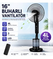 16 İnç Buharlı Vantilatör, 4L Su Hazneli Ayaklı Fan, Uzaktan Kumandalı, LED Ekranlı, 3 Hız Kademeli, 3 Modlu, Nemlendirici Özellikli, Salınımlı Sessiz Vantilatör