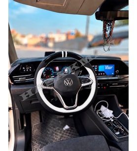 Vw Passat B9 Dikme Direksiyon Kılıfı Parlak Siyah Beyaz Detaylı Beyaz Çift Yüzük ve Dikiş 2024-2026
