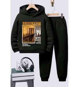 Brooklyn Baskılı Erkek - Kız Rahat Eşofman Takımı (Siyah)