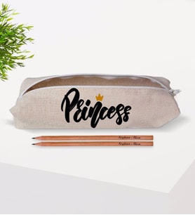 BK Gift Kişiye Özel Princess Tasarımlı Keten Bez Kalemlik ve İsimli Ahşap Kurşun Kalem Hediye Seti-1