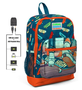 Coral High Kaykay Baskılı İlkokul ve Günlük Sırt Çantası - Erkek Çocuk - USB ve AUX Soketli