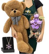 Kişiye Özel 3'lü Peluş Ayıcık Buketi, Gerçek Ametist Taşlı Lotus Kolye ve Kahverengi Ayıcık (Model 5)