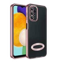 Samsung Galaxy A23 Kılıf Case, Logo Showing Serisi, Şeffaf, Kamera Korumalı, Logo Gösteren Renkli Çizgi Tasarım (Rose)