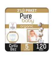 Pure Baby Organik Pamuklu Cırtlı Bez 3'Lü Paket 5 Numara Junior 120 Adet
