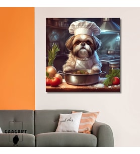 Kare Kanvas Mutfak Tablosu Aşçı Hayvanlar Shih Tzu Köpek