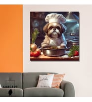 Kare Kanvas Mutfak Tablosu Aşçı Hayvanlar Shih Tzu Köpek