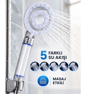 Masaj Etkili Filtreli Duş Başlığı 5 Fonksiyonlu Yağmur Sis Geniş Karışık Su Akışı