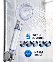 Masaj Etkili Filtreli Duş Başlığı 5 Fonksiyonlu Yağmur Sis Geniş Karışık Su Akışı