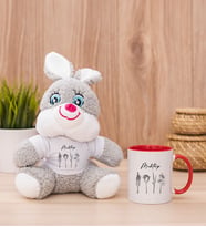 Kişiye Özel Karakalem Çizimli Çiçekler Peluş Tavşan ve Kırmızı Kupa
