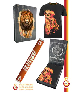 Galatasaray Orijinal Lisanslı Aslan Baskılı T-Shirt + Şal Kaşkol Set Hediyelik Ahşap Kutulu
