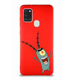 Samsung Galaxy A21S Soft Premier Kapak Plankton Tasarımlı Silikon Kılıf - Kırmızı (Şeffaf)