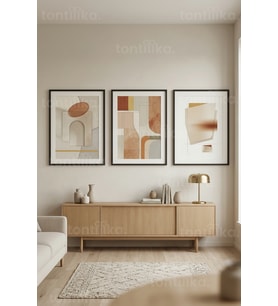 Doğal Tonlarda Minimalist Soyut Geometrik 3’lü Ahşap Çerçeveli Tablo Seti