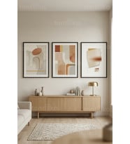 Doğal Tonlarda Minimalist Soyut Geometrik 3’lü Ahşap Çerçeveli Tablo Seti