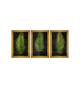 Yeşil Tropikal Yaprak Temalı 3 lü Kanvas Tablo Seti 150 x 70 cm Gold Çerçeve
