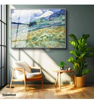 Gümüş Renk Metal Çerçeveli Tamperli Cam Tablo Vincent van Gogh Tepe ve Alan Manzarası Ressam Tablosu Duvar Dekoru