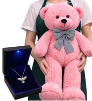 Büyük Boy 80 cm Pembe Peluş Ayıcık ve 925 Ayar Gümüş Zümrüdü Anka Kuşu Kadın Kolye Hediye Seti