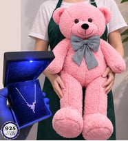 Büyük Boy Pembe Peluş Ayıcık ve Işıklı Kutusunda 925 Ayar Gümüş Kolye (Model 3)
