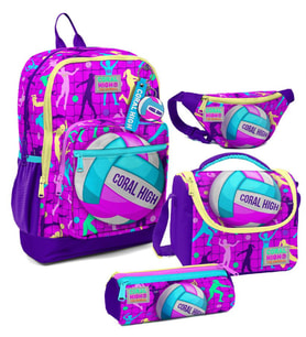 Coral High Kız Çocuk Pembe Mor Voleybol Desenli İlkokul Okul Çanta Seti ve Bel Çantası (Çok Renkli)