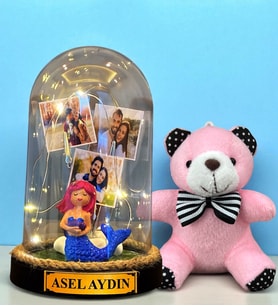 Kişiye Özel Tasarlanacak Led Işıklı Fanus ve Pembe Peluş Anahtarlık Hediye Seti (Model 7)