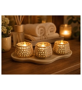 Alvera Dekoratif Mumluk Seti – Desenli Tealight ve Masaüstü Aydınlatma Objesi - Bej