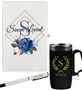 Kişiye Özel Şık Çiçek Tasarımlı Anneye Hediye Defter Kalem Ve Siyah Termos Mug Seti