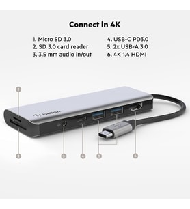 Belkin 7'Si 1 Arada Çok Bağlantı Noktalı Usb C Hub (4K Hdmi, Usb-C, 2 X Usb A, 3,5 Mm Ses, Sd 3.0 Yu (Çok Renkli)