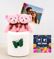 Doğum Günü Hediyesi Kişiye Özel Fotoğraflı 2'li Peluş Ayıcıklı Buket (beyaz-pembe)