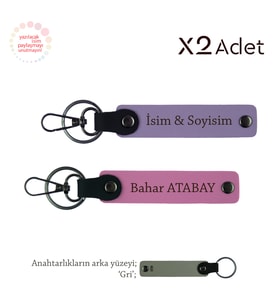 Teyzeye Şık Jest, İsim Yazılı Kişiye Özel Üretim 2’li Anahtarlık Takımı, Mor Menekşe-Pembe-Gri