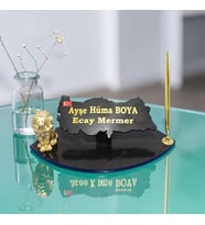 Sümen Ofis için Doğal Siyah Mermer İsimlik Gold Tasarımlı Kalem ve Aslan lı