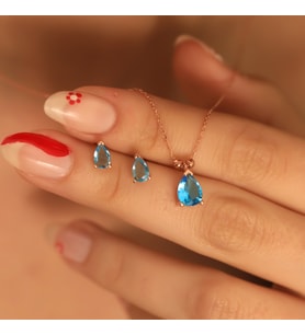 925 Ayar Gümüş Aquamarine Taşlı Dorikalı Damla Set