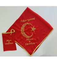 İsimli Asker Şalı Kına Şalı Asker Yareni O Şimdi Asker Nakış İşlemeli Şifon Kumaş Omuz Örtüsü İsimli Eldiven (Kırmızı-Rose Gold)