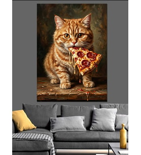 Pizza Yiyen Neşeli Sarman Kedi Dekoratif Kanvas - Mdf Ahşap Tablo