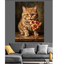 Pizza Yiyen Neşeli Sarman Kedi Dekoratif Kanvas - Mdf Ahşap Tablo
