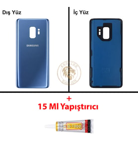 Samsung Galaxy S9 Mavi Renk Arka Kapak + B7000 Yapıştırıcı Arka Cam Batarya Kapağı Pil Kapağı Lazer Kesim Back Cover Galaxy S9 Uyumlu