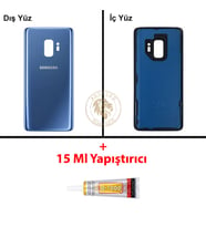 Samsung Galaxy S9 Mavi Renk Arka Kapak + B7000 Yapıştırıcı Arka Cam Batarya Kapağı Pil Kapağı Lazer Kesim Back Cover Galaxy S9 Uyumlu