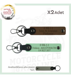 Motosiklet Severlere, İsim Plaka ve 0 Rh - Kan Grubu Yazılı, Motorcu x2 Anahtarlık, Kahve-Yeşil-Gr (Çok Renkli)