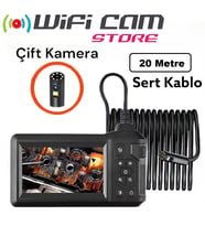 20 Metre Çift Kameralı Monitörlü Sert Tel Kablolu Yılan Kamera (Siyah)