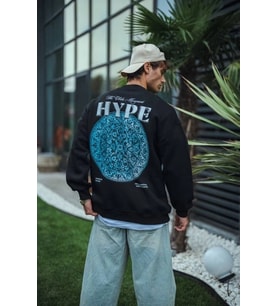 Üç İplik Bisiklet Yaka Baskılı SweatShirt - Siyah