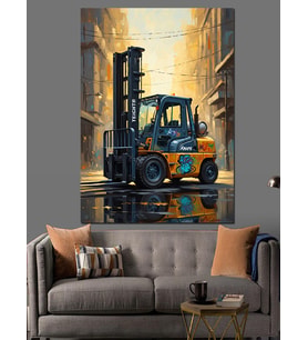 Şehirde Çalışan Endüstriyel Forklift Aracı Dekoratif Kanvas - Mdf Ahşap Tablo