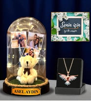 Premium Hediye Seti - Sizlere Özel Led Işıklı Fanus ve Renkli Zümrüdü Anka Kuşu Kolyesi (Model 1)