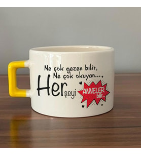 Ne Çok Gezen Bilir Ne Çok Okuyan Baskılı Sarı Kulplu C Fincan