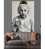 Albert Einstein Kahve İçerken Portre Dekoratif Kanvas - Mdf Ahşap Tablo
