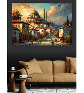 Gün Batımı İstanbul Camii Ve İnsanlar Dekoratif Kanvas - Mdf Ahşap Tablo