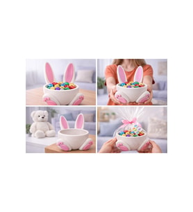 Tavşan Kulaklı Dekoratif Şekerlik – Pembe Beyaz Bunny Tasarım Çikolata Kasesi – Masaüstü Dekoratif