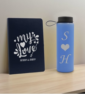 BK Gift Sevgiliye Özel İsimli Lacivert Defter ve Mavi Cam Matara Hediye Seti-9, Sevgiliye Hediye, Sevgililer Günü, Yeni İş Hediyesi