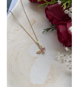 Kadın Gold Kelebek Zirkon Taşlı Çelik Hediye Kolye (Pembe-Altın)