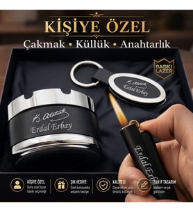 İsme Özel Küllük Clipper Çakmak Anahtarlık - Eşe Sevgiliye Arkadaşa Babaya Hediye Seti - Mustafa Kemal Atatürk İmza Temalı