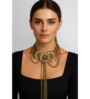 Vintage Güneş Çiçeği Detaylı Çoklu Zincir Tasarım Kolye